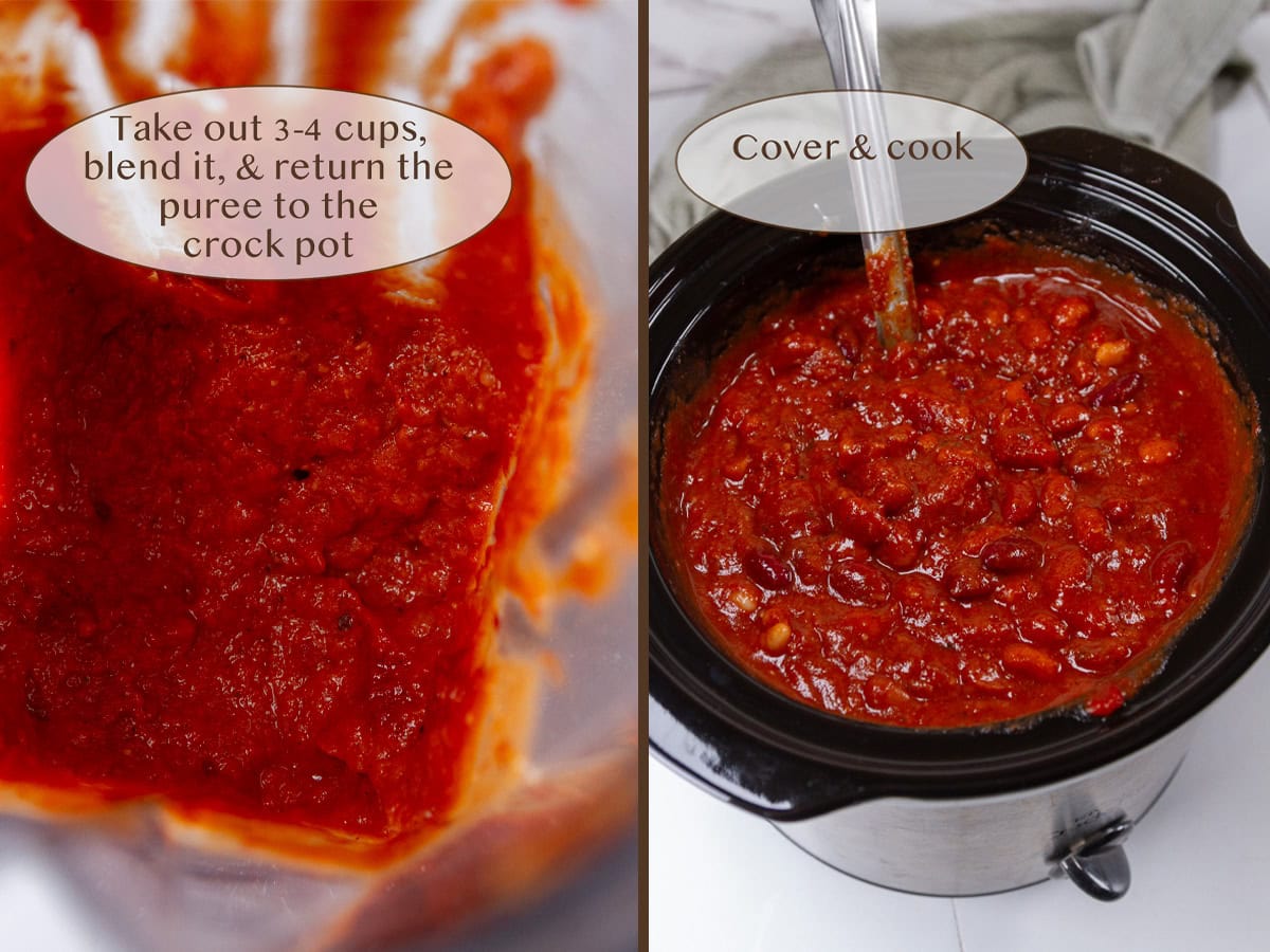 blended chili on left and added back to the crock pot on right.