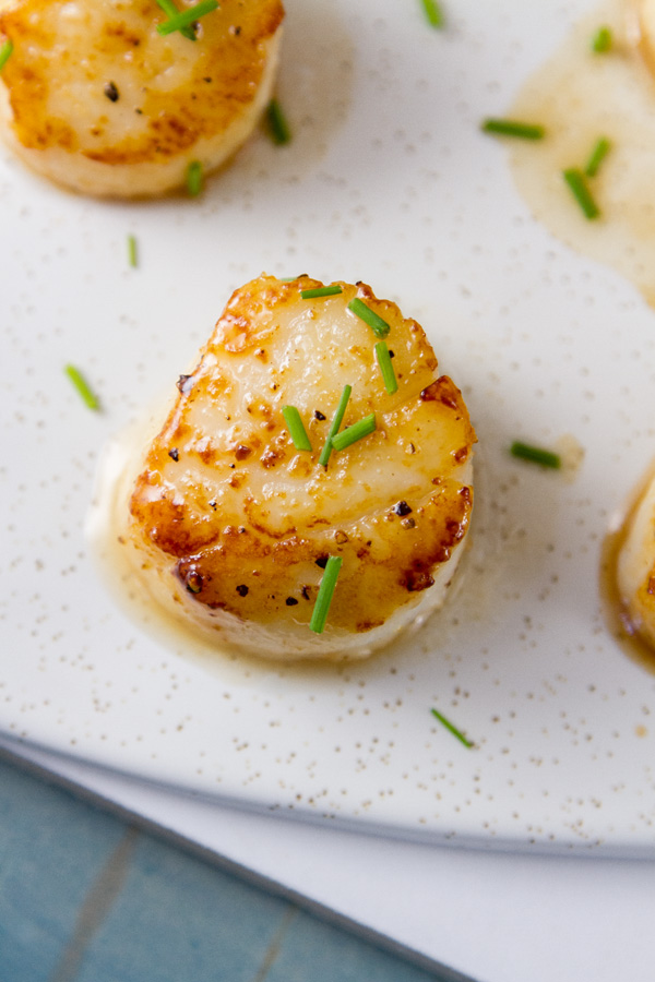 top down look at Vanilla Dusted Scallops on a white plate with fresh herbs as garnish