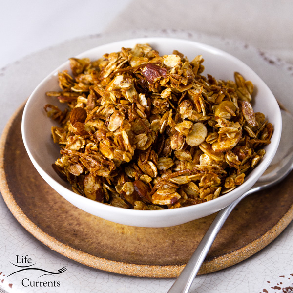 Homemade Granola Recipe served plain in a white bowl with a spoon on the right side