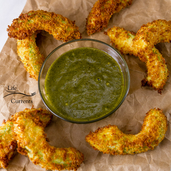 square crop top down of Air Fryer Avocado Fries with Cheesecake Factory Copycat Tamarind-Cashew Dipping Sauce