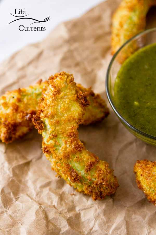 Air Fryer Avocado Fries served with Cheesecake Factory Copycat Tamarind-Cashew Dipping Sauce on a brown paper