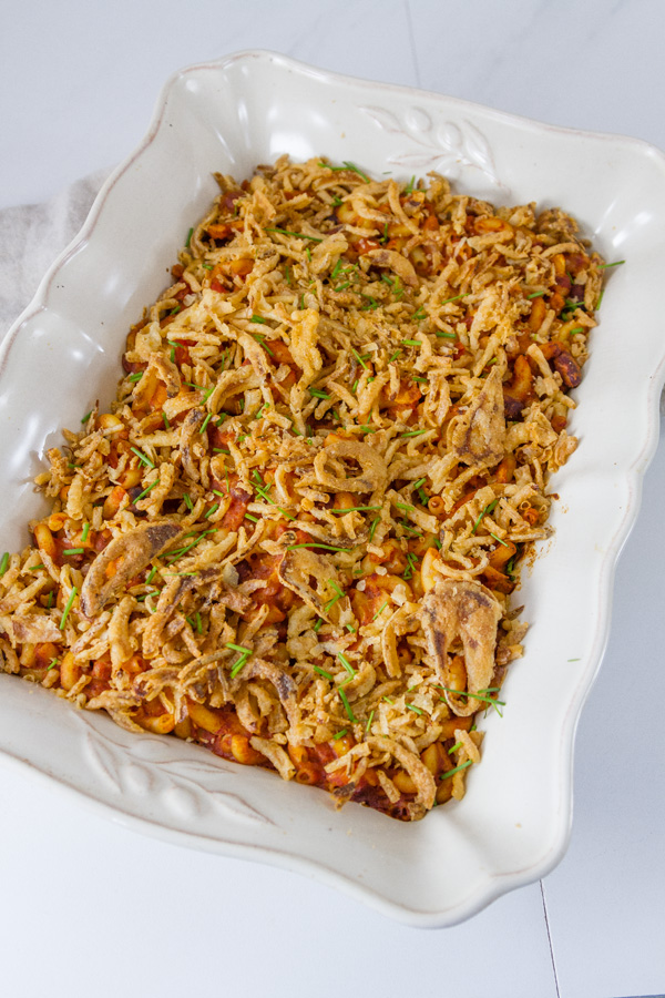 chili mac in the casserole dish