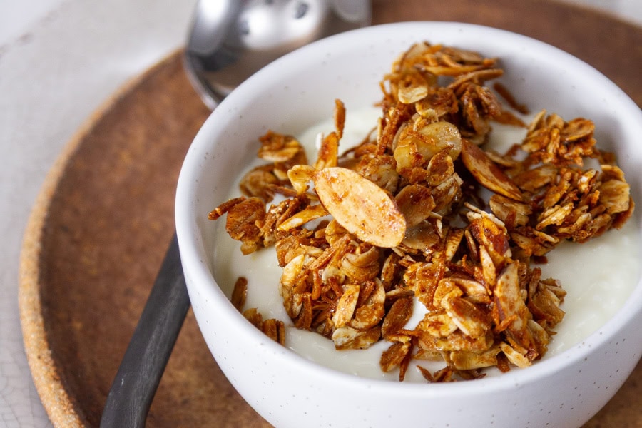 Crunchy baked granola with oats and nuts.