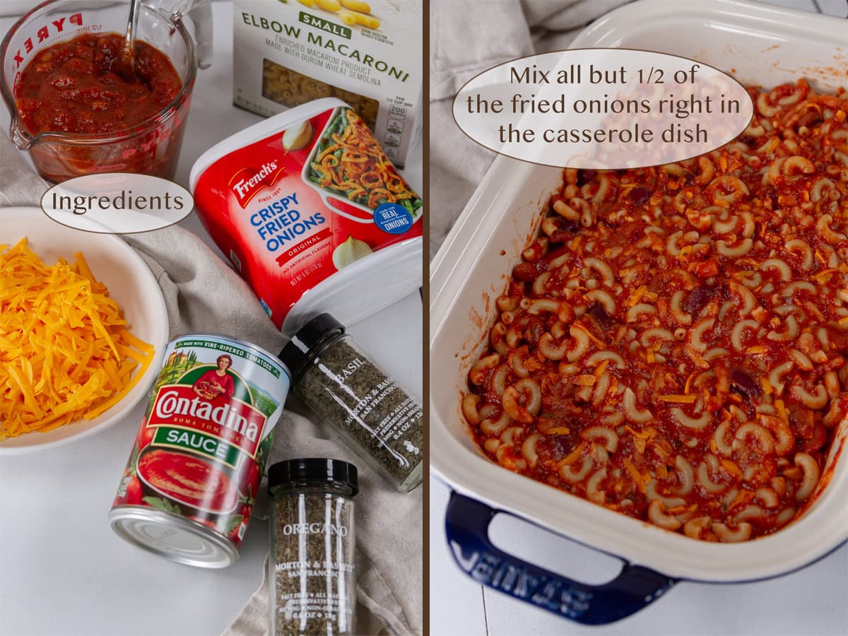 ingredients on left and making the casserole on right.