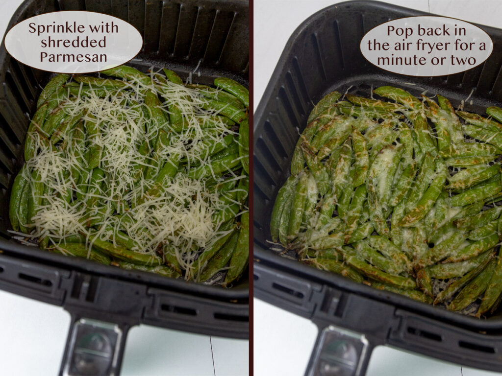 pea pods in an air fryer sprinkled with Parmesan cheese.