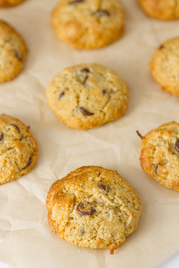 a bunch of Coconut Almond Meal Cookies with Chocolate Chips on parchment paper