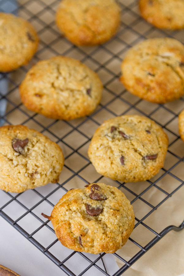 Coconut Almond Meal Cookies with Chocolate Chips cooling on a cooling rack