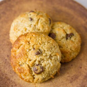 three Coconut Almond Meal Cookies with Chocolate Chips on a brown plate