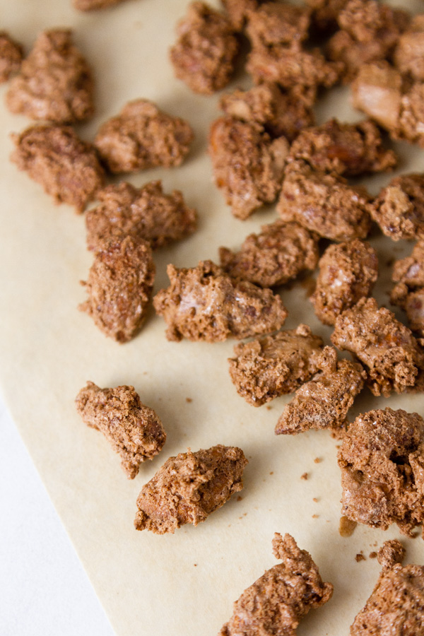 Mocha Candied Almonds on a piece of brown parchment paper