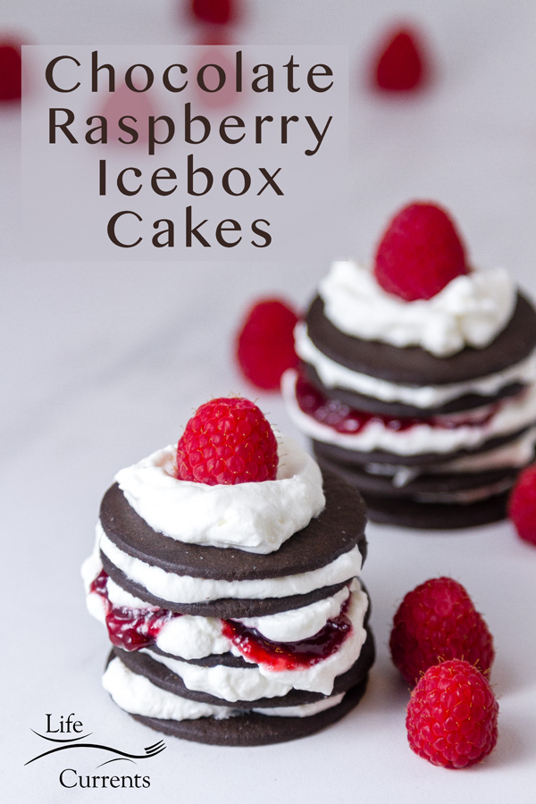 Two Chocolate Raspberry Icebox Cakes on a white background with raspberries and the title