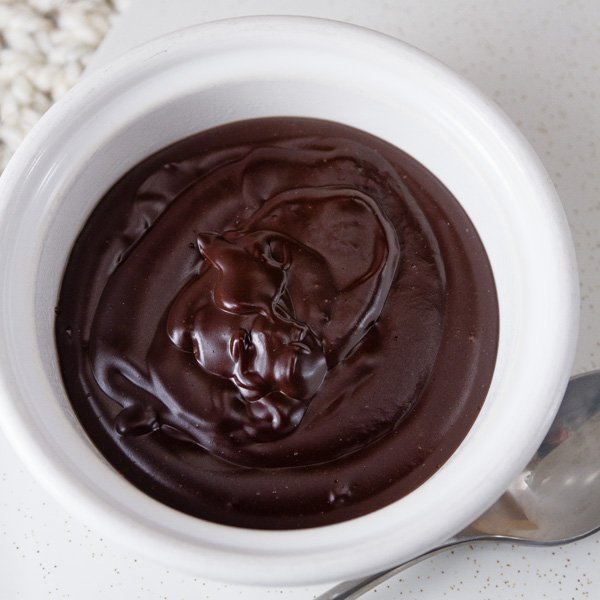 square crop of one white bowl of Chocolate Pudding