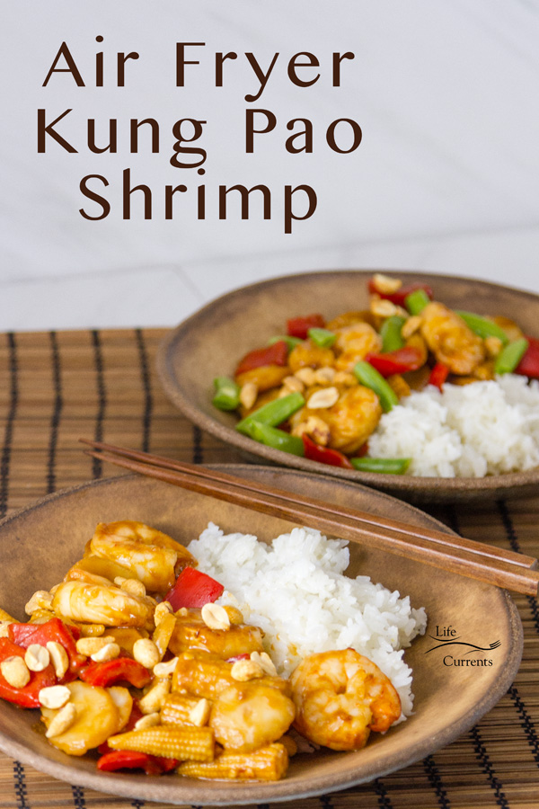 Air Fryer Kung Pao Shrimp served in two bowls with rice, chopsticks in the picture, with title