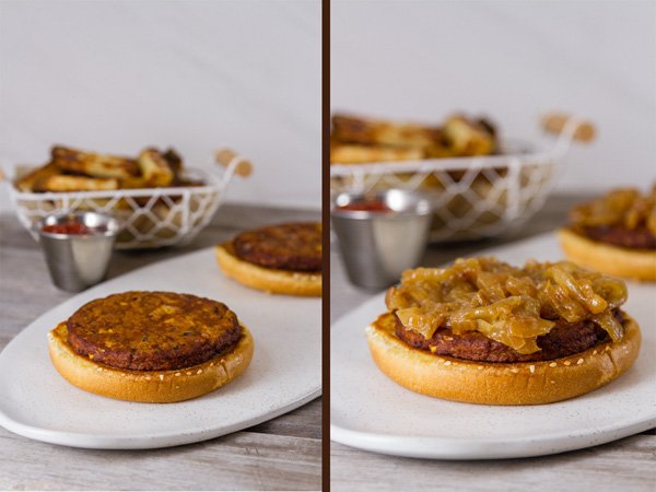 Process shots for Monster Cheese Burger: on the left, the bun and the pattty, fries in the background