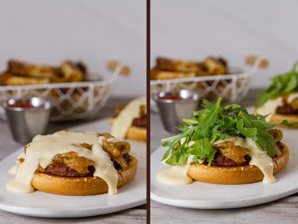 Monster Cheese Burger  process shots: on the left, drizzle the pepper jack cheese sauce over the top; on the right: top with arugula 