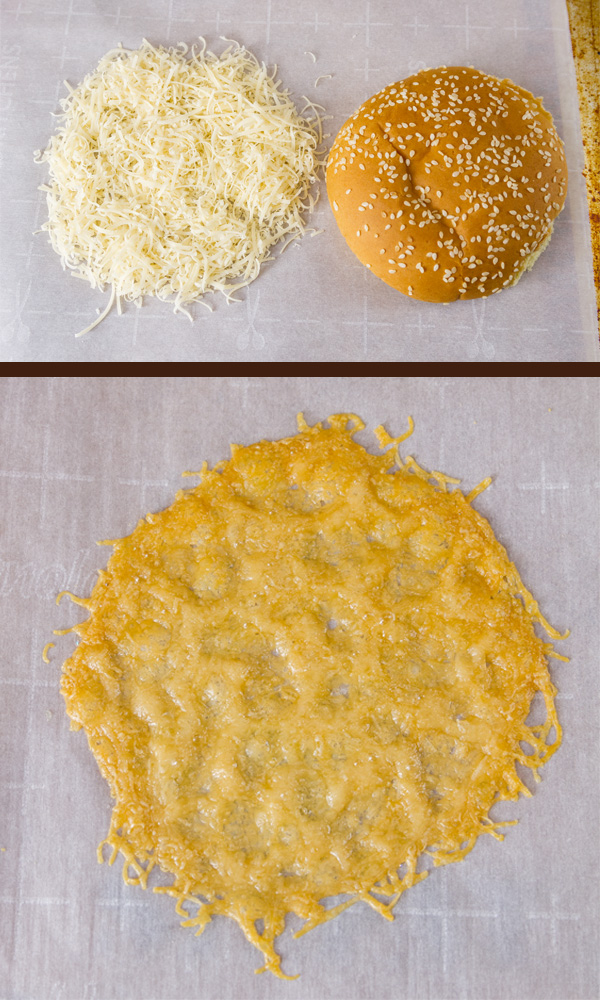 Parmesan Cheese Crisps for Monster Cheese Burger: process shots: On top, freshly grated Parmesan cheese next to a hamburger bun for measuring the size. Under: the finished crispy cheese crisp 