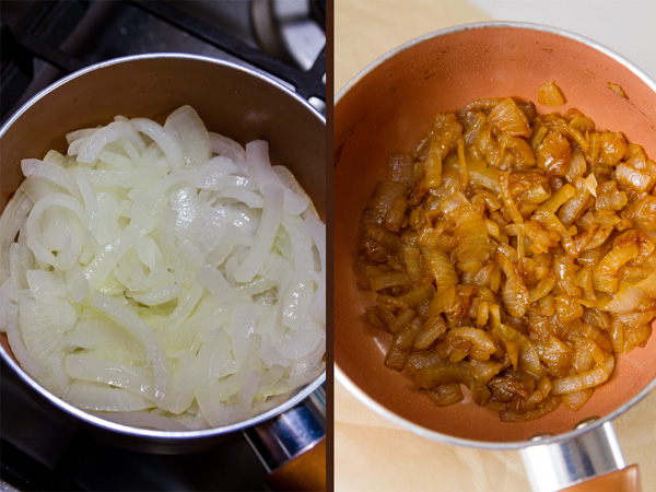 Caramelized onions for Monster Cheese Burger: on the left raw onions ready to be cooked, on the right cooked onions in the pan