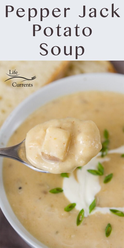 Rich and creamy, perfect comfort food. This Pepper Jack Potato Soup (or is it a chowder?) is so good and so easy to make. This is one your family will ask for again and again. Pepper Jack Potato Soup in a bowl being served up with a spoonful. Title on top of image