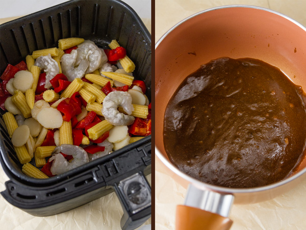 Air Fryer Kung Pao Shrimp process shots. raw veggies and shrimp in the air fryer basket on the left and the Kung Pao sauce in the pan on the right 