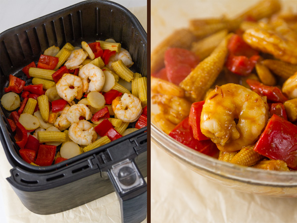 Air Fryer Kung Pao Shrimp process shots: cooked shrimp and veggies still in the air fryer basket on the left and the veggies & shrimp tossed in the sauce on the right 