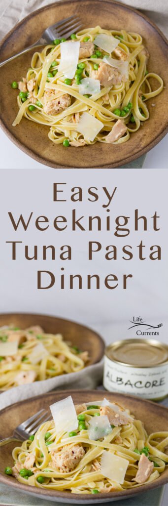 Long pin for Easy Weeknight Tuna Pasta Dinner with two images and the title in the middle