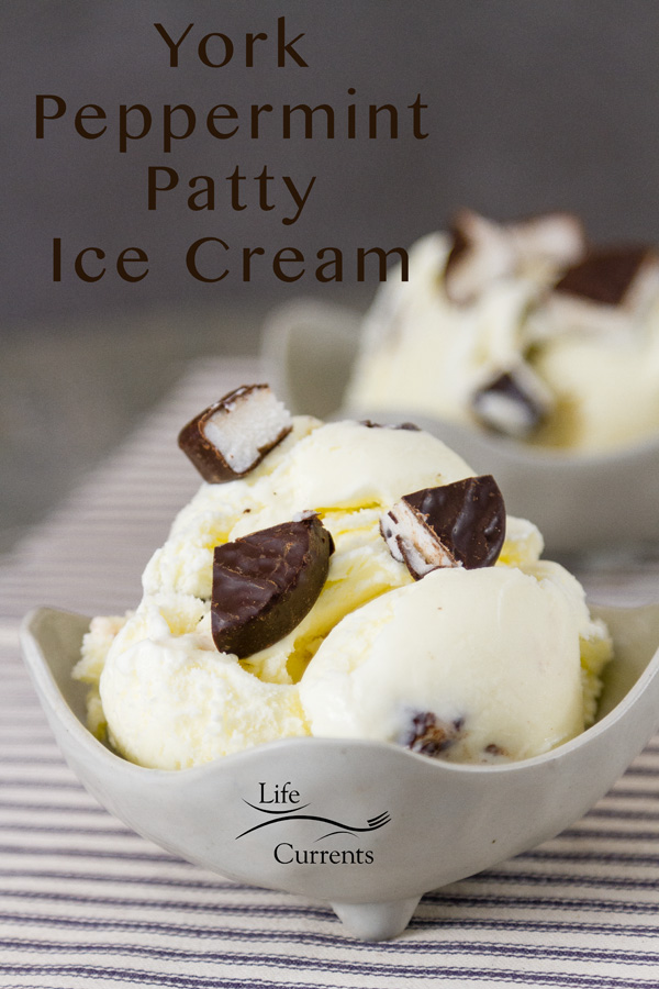 York Peppermint Patty Ice Cream in two dishes on a blue and white striped cloth with the title