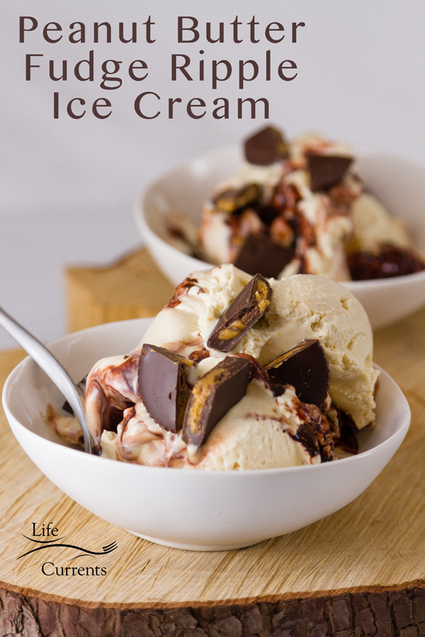 Two white bowls with ice cream, and a spoon in the front bowl. Title in the upper left Peanut Butter Fudge Ripple Ice Cream and logo in the bottom right