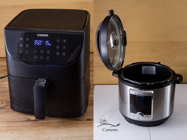 An air fryer in the picture on the left and an Instant Pot with the lip proped open in the image on the right  -- Air Fryer and Pressure Cooker Recipes
