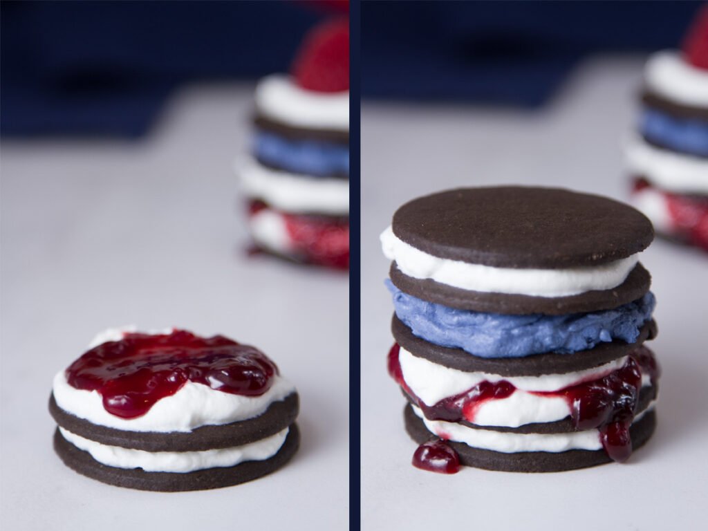 Patriotic Icebox Cakes process shots with jam and blue whipped cream added into the cookies