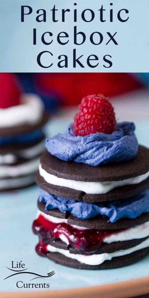 Two Patriotic Icebox Cakes - layered chocolate cookies, whipped cream, jam, blue whipped cream topped with a raspberry on a blue plate with the title