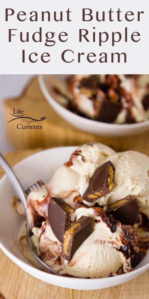 Two bowls of Peanut Butter Fudge Ripple Ice Cream, the one if front has a spoon, and the title on top