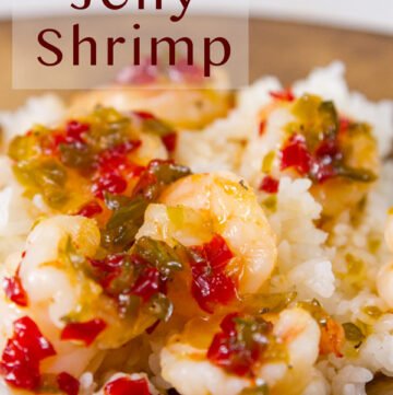 Title in upper left: Pepper Jelly Shrimp with cooked shrimp, sauce, and rice in a brown bowl