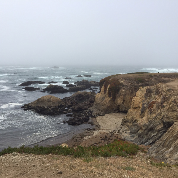 Looking out onto Glass Beach, Fort Bragg at one of the coves down the cliffs, low tide when tide is going out