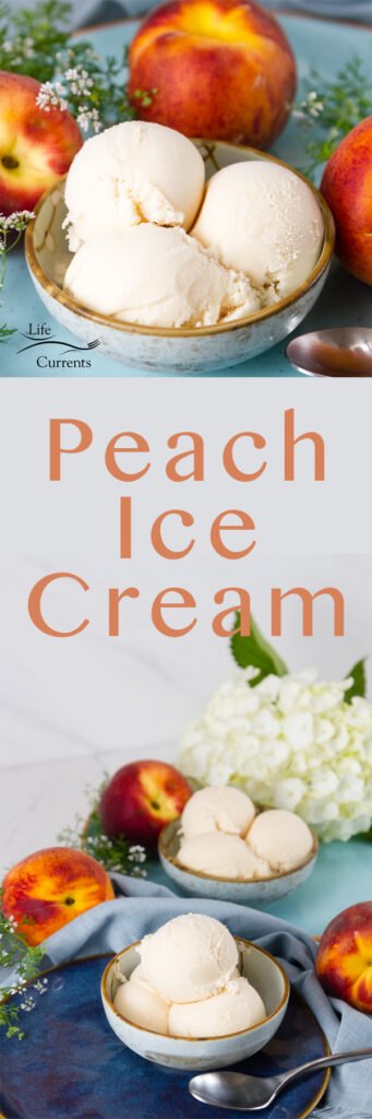 two images of Peach ice cream in a long pin for Pinterest with the title in the middle 