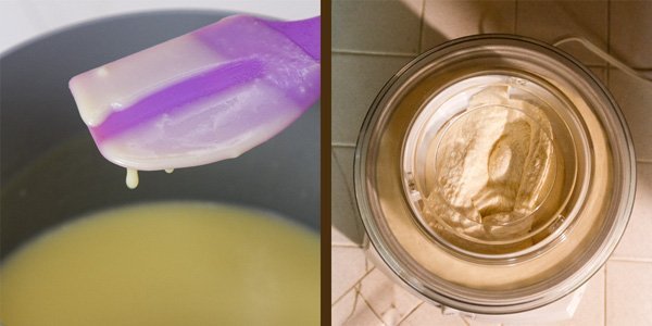 how to make peach ice cream: process shots. On the left, testing the custard for thickness. On the right: the ice cream being churned in the machine