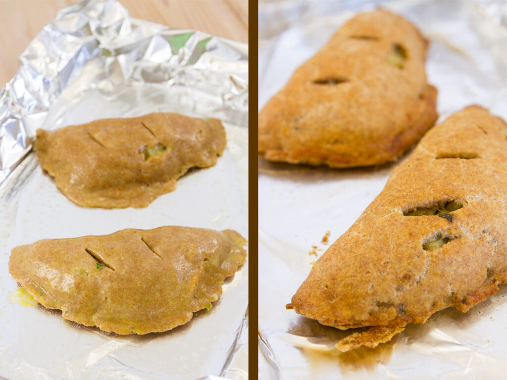process shots for Veggie Turnovers. Two images. Left: two turnovers, raw, on a foil lined baking sheet. Right: after the turnovers have been baked on a foil lined sheet