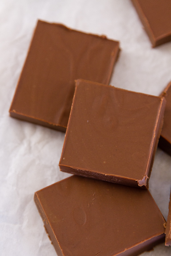 Two Ingredient Peanut Butter Chocolate Fudge on a piece of parchment paper
