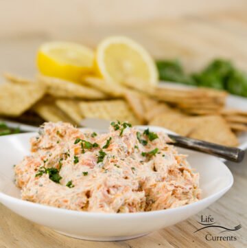 square crop of salmon pate with crackers, lemons, and parsley in the background