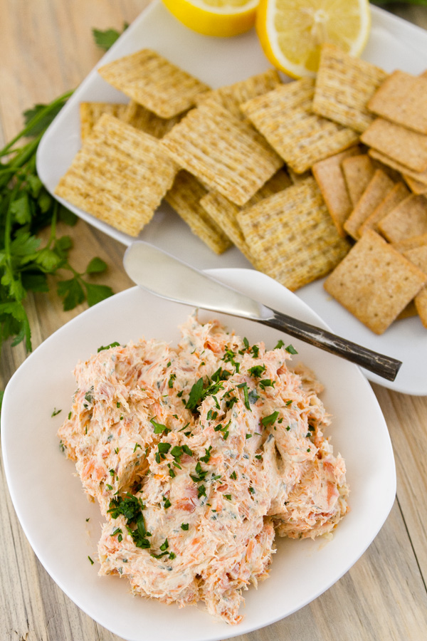 top down look at Smoked Salmon Pate in a bowl with crackers 