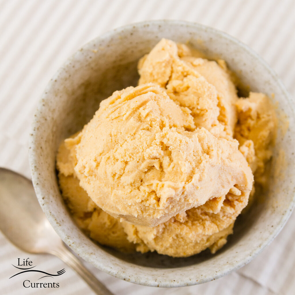 Square crop of Pumpkin ice cream in a light bowl with a spoon