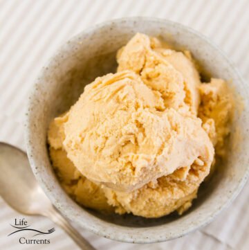 Square crop of Pumpkin ice cream in a light bowl with a spoon