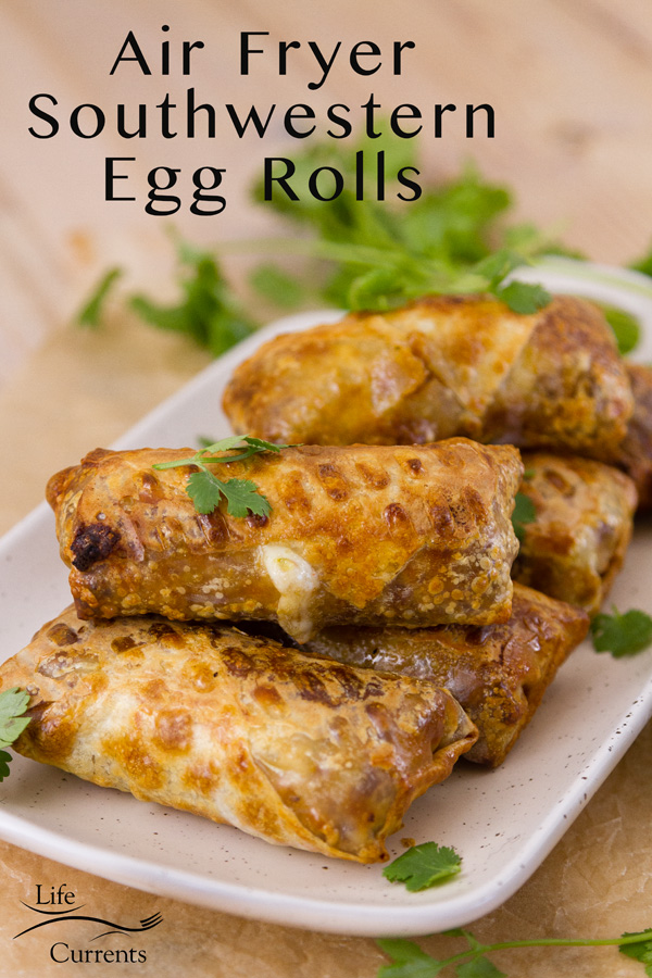 Air Fryer Southwestern Egg Rolls on a plate garnished with fresh cilantro. Title at top