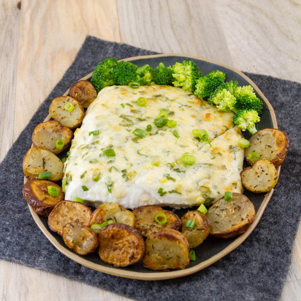 Square crop of halibut dinner