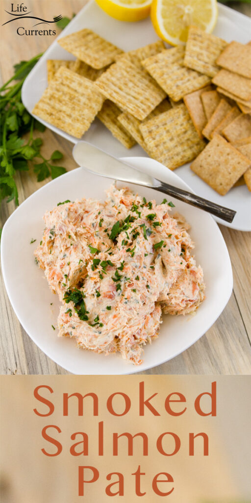 title at bottom of image: Smoked Salmon Pate looking down on a bowl of pate served with crackers