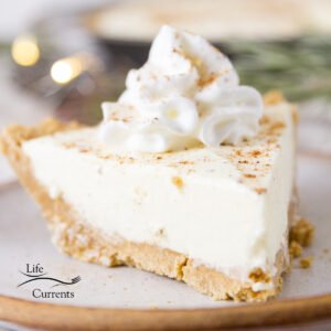 featured image of a slice of pie, square crop with twinkle lights behind