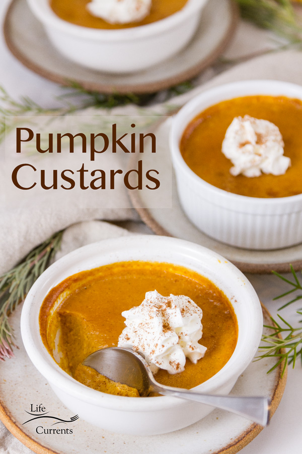 3 Pumpkin Custards with a cloth napkin and greenery with title and logo on image
