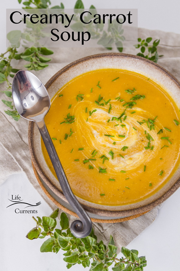 a bowl of carrot soup with a spoon surrounded by green herbs