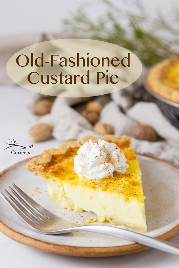a slice of Custard Pie on a plate with a fork and the pie is in the background.