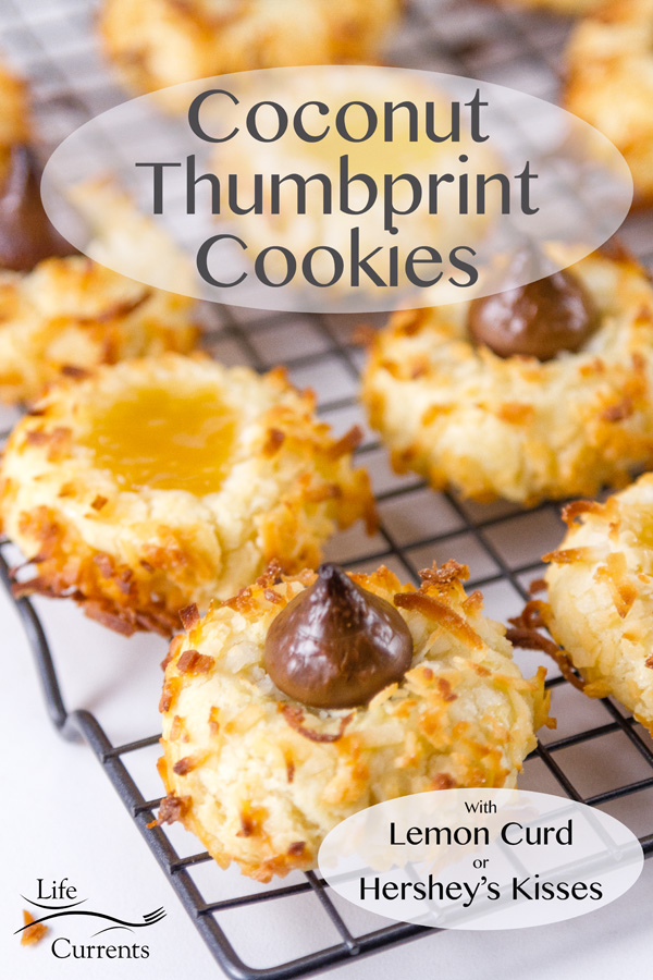 Coconut Thumbprint Cookies with lemon curd or Hershey's kisses on a wire rack. Title on image