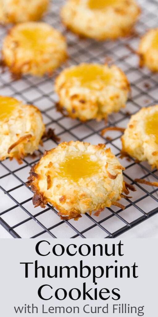 lemon curd filled Coconut Thumbprint Cookies on a cooling rack with title on image
