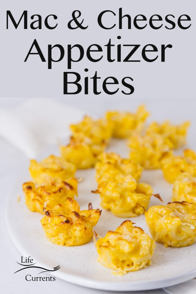 Mac & Cheese Appetizer Bites on a white serving platter with title on top of image